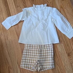Janie And Jack White Blouse and Tan Houndstooth Shorts Set